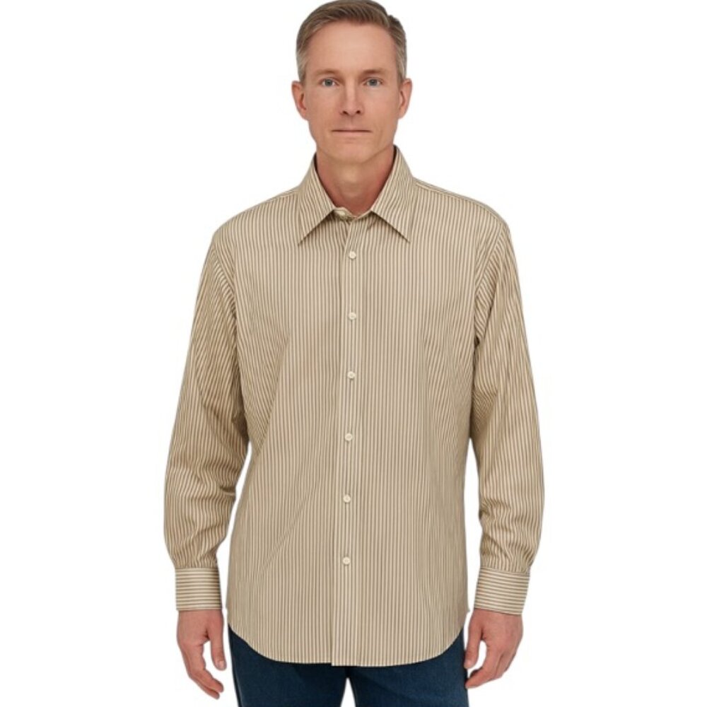 Hugo Boss Large Men's Beige Pinstriped Long Sleeve Button Down Shirt